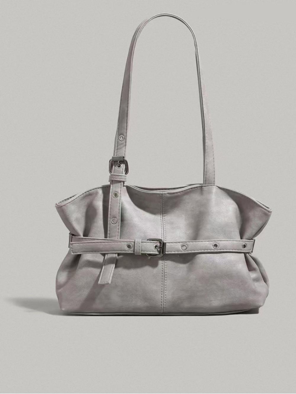 Soft Grey Belt-Detail Shoulder Bag